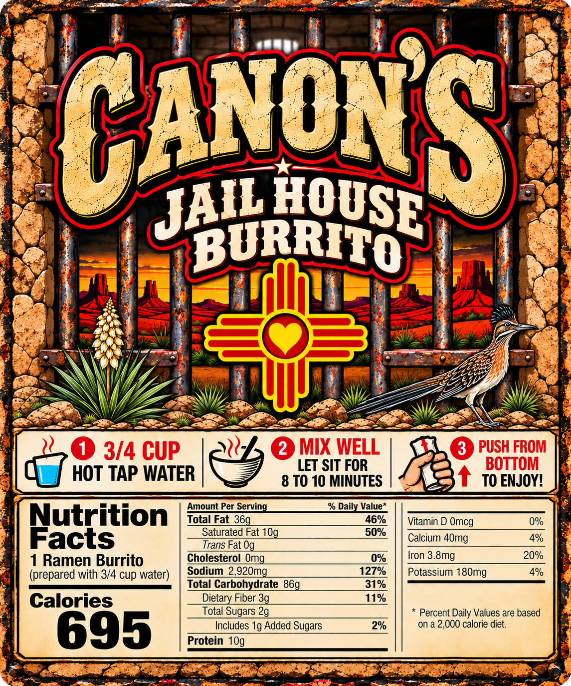Canon’s Jailhouse Burrito label featuring desert scenery, jail bars, a roadrunner, and preparation instructions